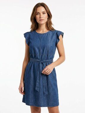 NEW COLLECTION MADE IN ITALY BLUE DENIM RUFFLE CAP SLEEVE WAIST TIE MINI DRESS